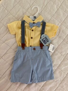 Yellow Shirt & Light Blue Short Set with Bow Tie and Suspenders